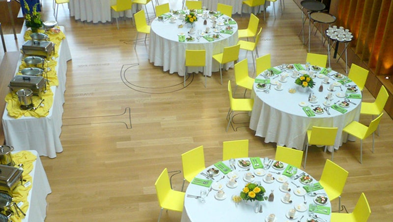 Arial photo of tables setup for event.