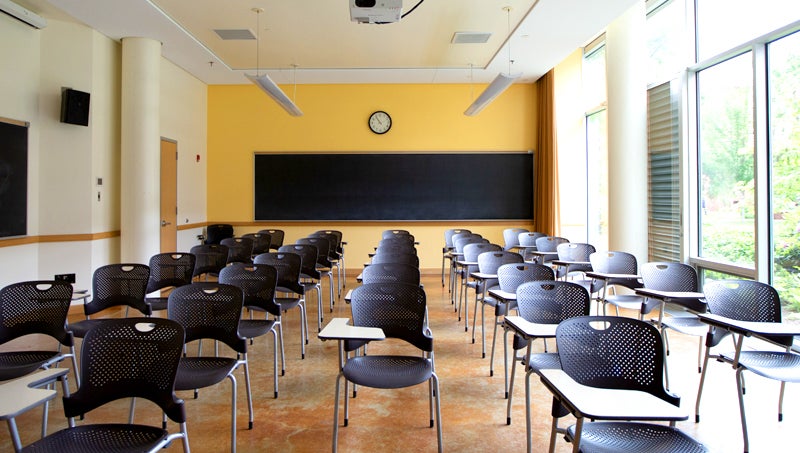 Photo of classroom with empty chairs.